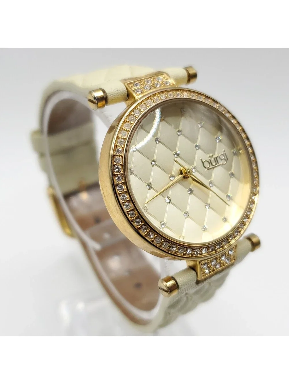 Burgi Quartz Womens Watch 31mm Gold Tone Rhinestone Bezel New Battery